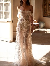 Beaded 3D Flower A-line Wedding Dress Sequined Bridal Gown Dresses For Bride