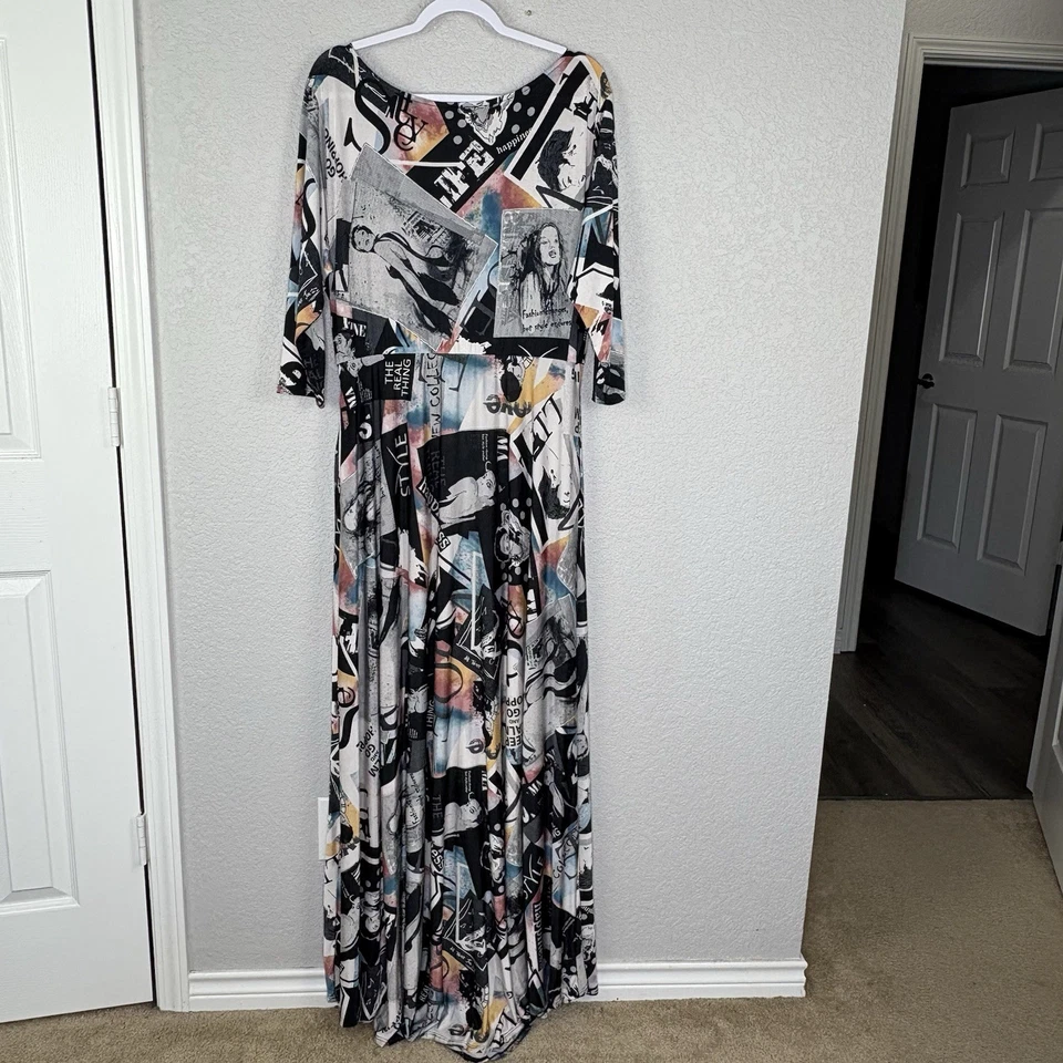 Sexy Maxi Vestido Diva Estampado Periódico Broadway Colorido Talla 2XL Foto 2 de 4