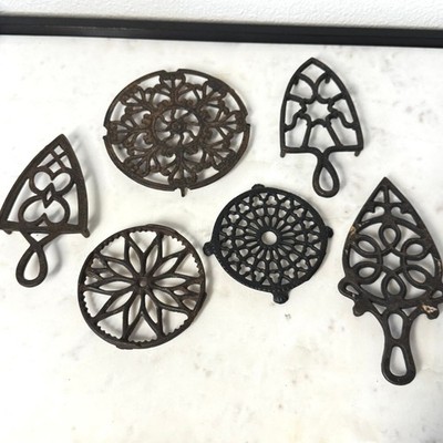 Vintage Cast Iron Trivet Set 6pc Filigree Floral Rustic Black Brown Wall Decor