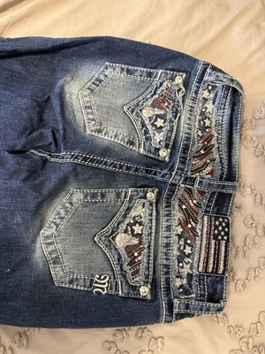Miss Me Bootcut Jeans Blue Flag Rhinestone Beaded Embellished Stretch Women's