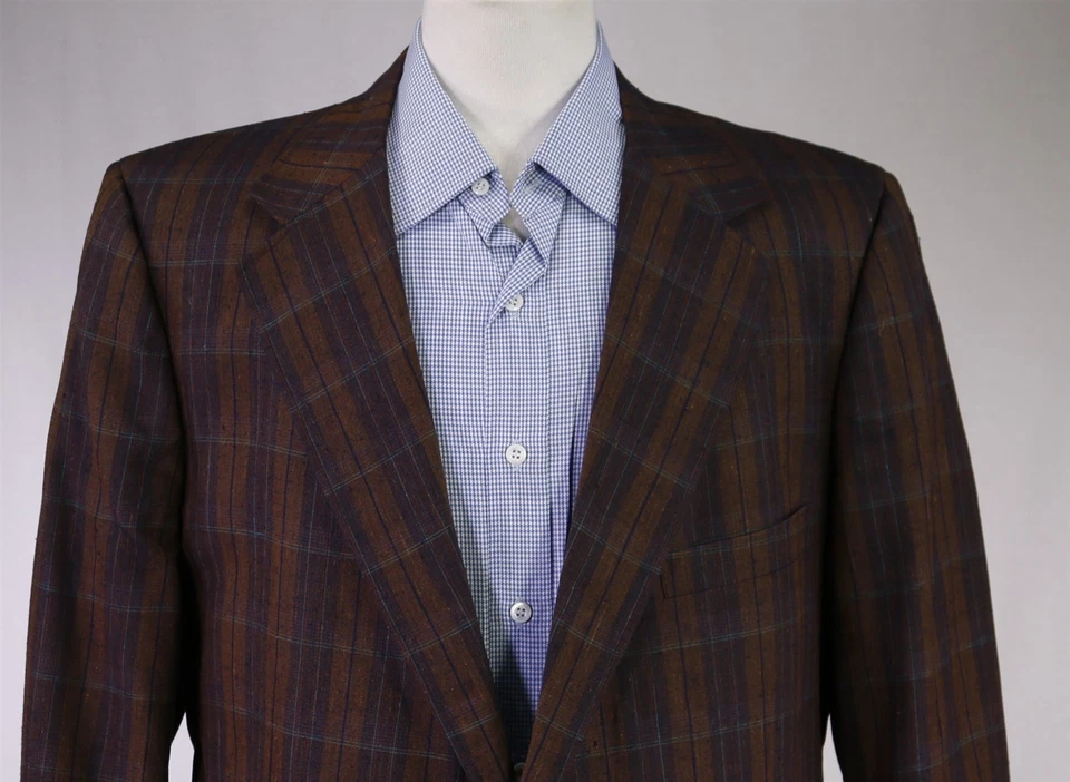 Chaqueta Blazer Tom James Vintage Años 80 Borgoña Marrón Cuadros Seda Cruda 2-Btn 46R Foto 3 de 4