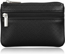 Black Small Mini Size Leather Coin Purse Change Pouch for Women Men Kids with Zi