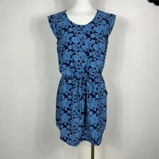 CAbi Java Dress Womens Small Blue Floral Sundress Drawstring Pockets Boho