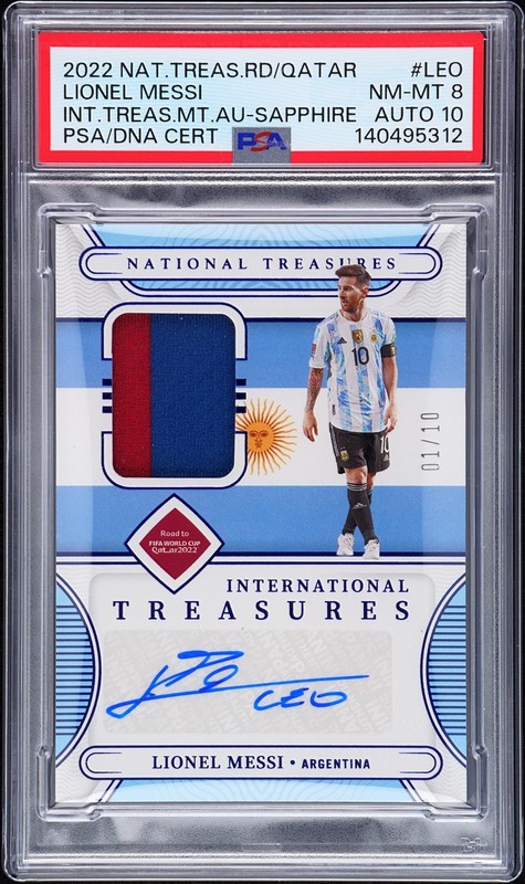 2022 NAT TREASURE WORLD CUP QATAR PATCH SAPPHIRE LIONEL MESSI 1/10 PSA 8 AUTO 10