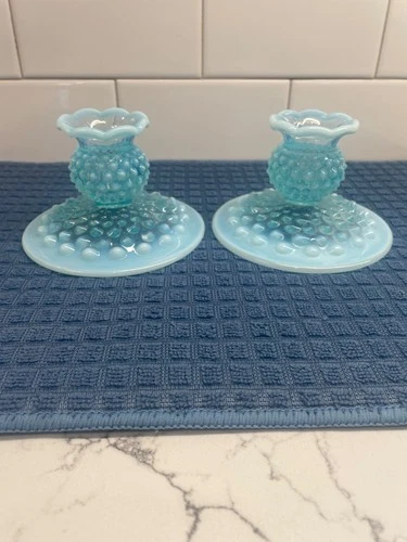 Pair of Fenton Blue Opalescent Hobnail Candle Holders Vintage Glass