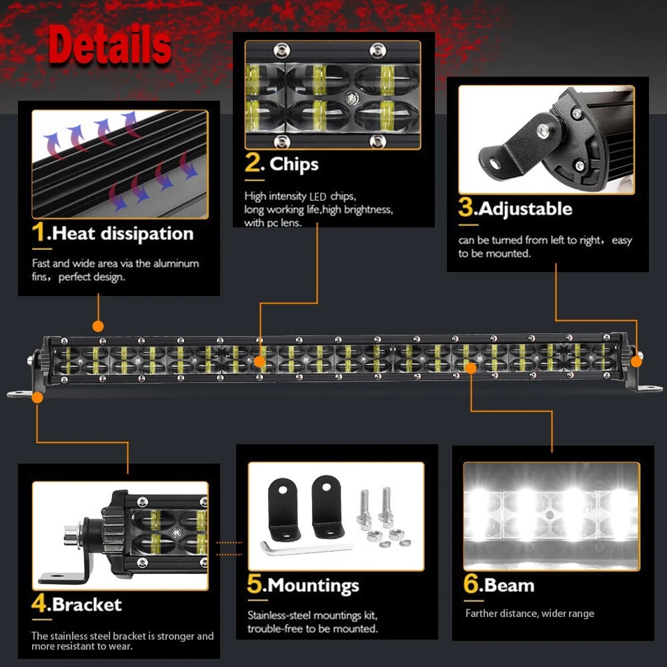 Barre LED 8/14/22/32/52" Faisceau Spot Flood Combo Rampe LED 4x4 SUV Camion Ip68 - Photo 4/4