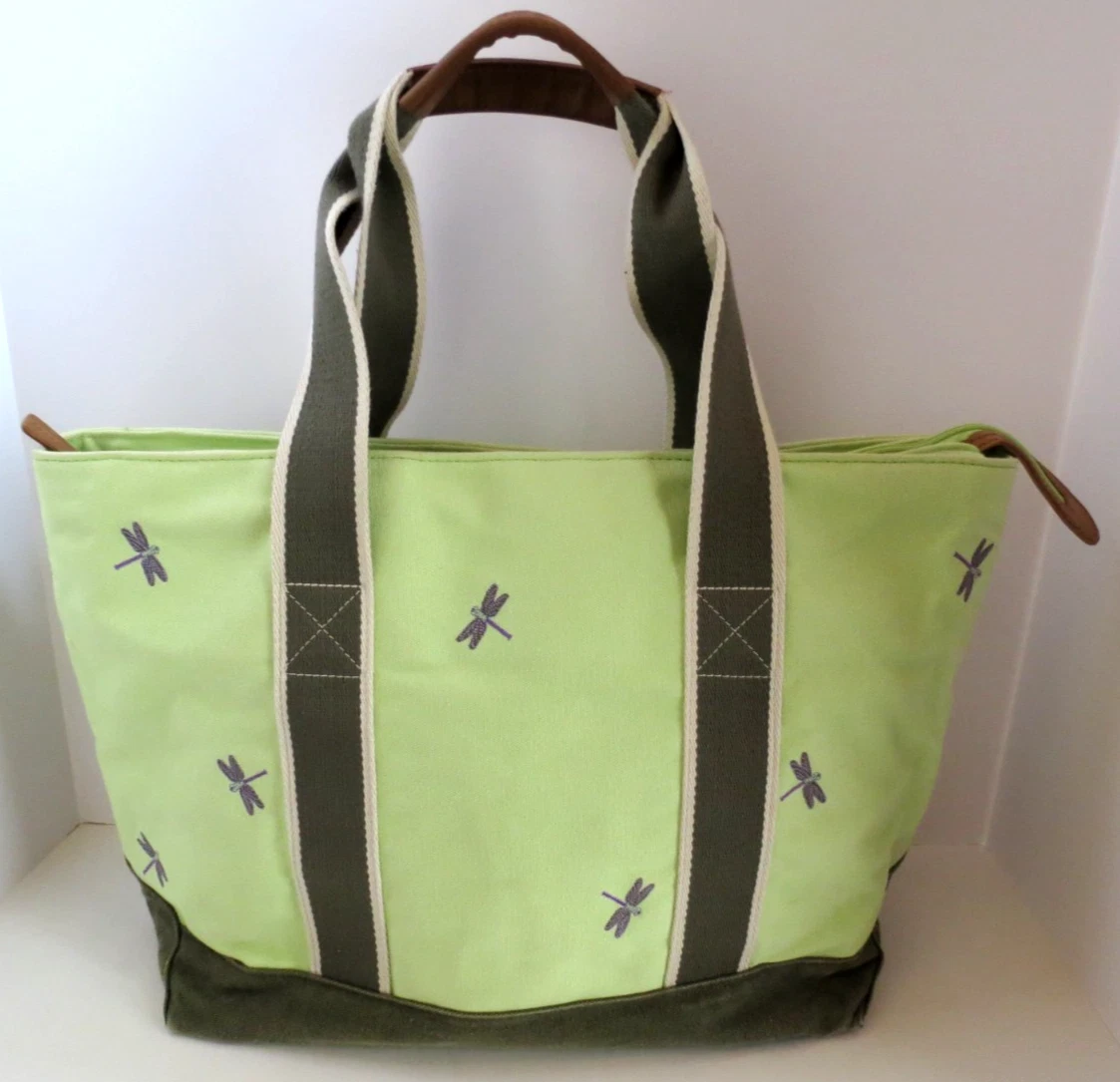 Vintage LL Bean Boat & Tote Bag - Rare Dragonfly Embroidery & Leather