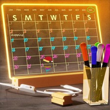 Light Up Clear Dry Erase Calendar 13 x 9 inch with 5 Markers, Acrylic Lightin...