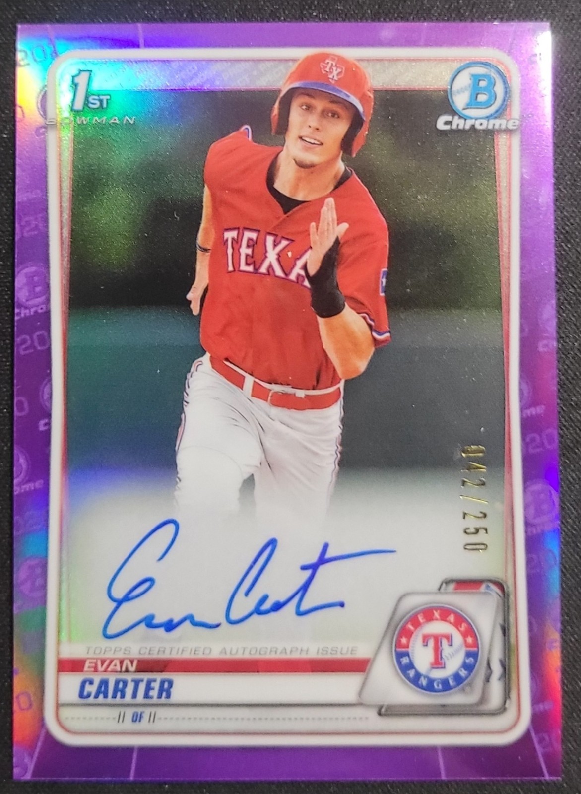 EVAN CARTER 2020 BOWMAN DRAFT CHROME AUTO 1ST PURPLE REDRACTOR #/250 RANGERS SSP