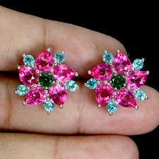 925 Sterling Silver Earrings Pear Pink Topaz 5x4mm Paraiba Blue Topaz Gemstone