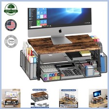 Soporte para monitor de computadora de 2 niveles con cajón y soportes para bolígrafos para organización de escritorio