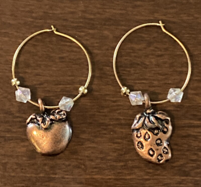 Gold Tone Beaded Hoop Earrings With Copper Fruit Charms Apple