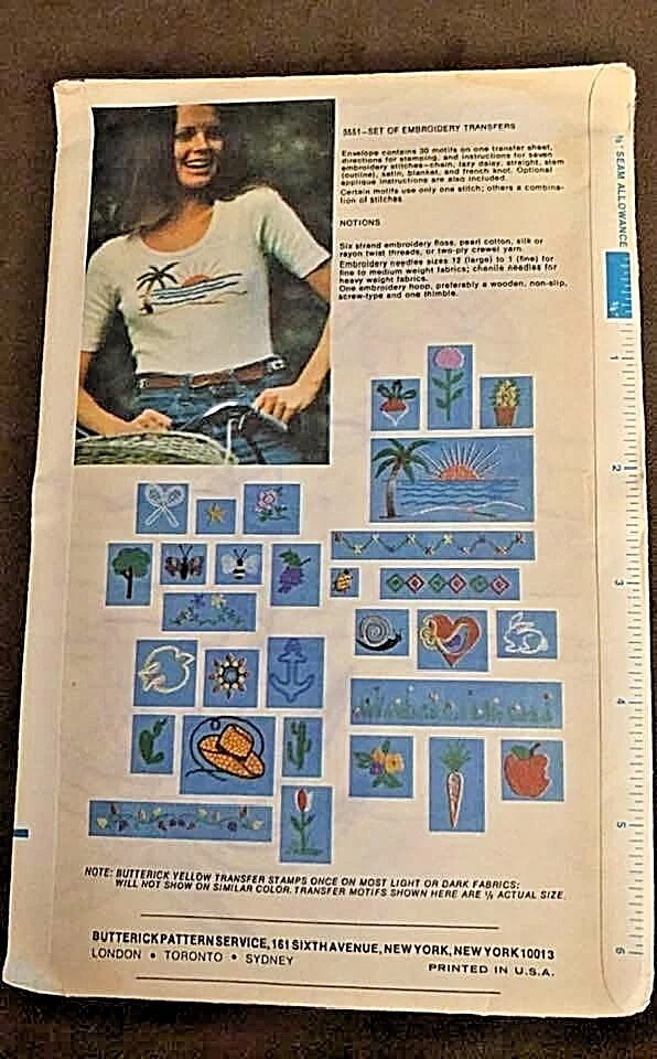 Vintage Butterick 3551 Embroidery Transfers Flowers Bees Hat Needlework OOP FF - Image 2 of 2