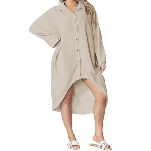 Damen Hi Low Knopfleiste Long Shirt Oberteil Langarm Oversize Tauchsaum Kurzes Kleid - Bild 2 von 32