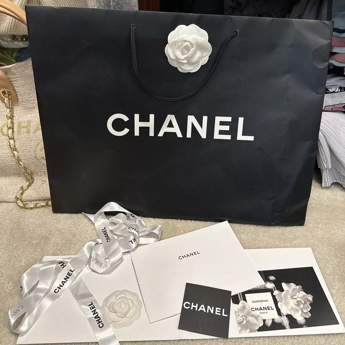 Auth Chanel Gift Bag W/ Ribbon, Flower, Card Holder