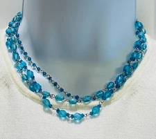 EUC 3-Strand ZAD Choker/Necklace, Blue Beaded, Silver-Tone Chain, 15" L+ 2"