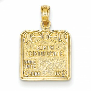 Authentic 14K Yellow Gold Plated Sterling Silver Birth Certificate Pendant