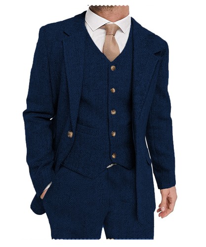 Mens 3Piece Tweed Suits Herringbone Blazer&Vest&Pants Tuxedo Jacket Wedding Wool - Picture 12 of 26