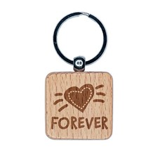 Forever Love Heart Engraved Wood Square Keychain Tag Charm