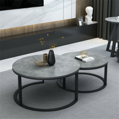 Runder Marmor Couchtisch Set mit 2 Industrial Ineinander Beistellset Stapelbaren