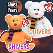 👻 QUIVERS & SHIVERS 2-Piece Orange & White Ghost BEAR Set Ty Beanie Babies MWMT