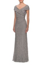 La Femme Portrait Neck Lace Gown, Size 6 in Platinum 2/12