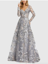 MAC DUGGAL 20214 LONG SLEEVE BEADED APPLIQUE GREY MULTI GOWN sz 12