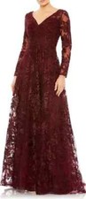 Mac Duggal Mahogany Burgundy Beaded Floral Embroidered Long Sleeve Gown 8 $798