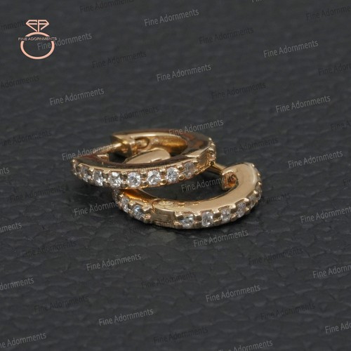 Pave Diamond Solid 14k Gold Huggie Hoop Earrings Dainty Gold Jewelry (Pair) New - Picture 8 of 10