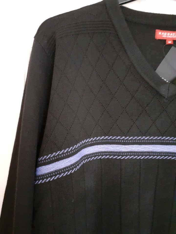 Raggazzo Mens Sweater V Neck Black Blue Stripe Size M BNWT | eBay UK