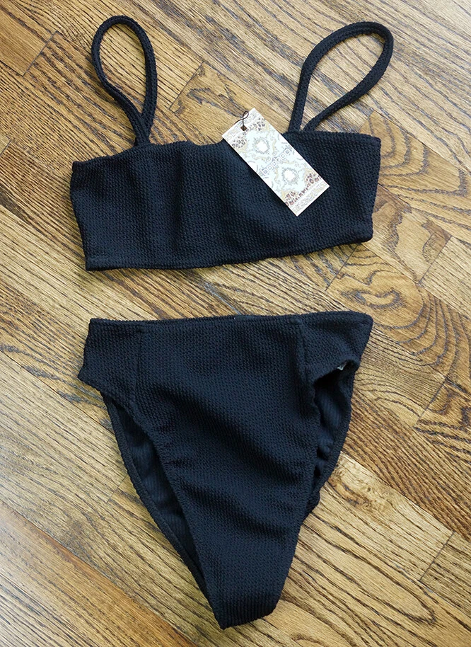 Boohoo Beach Mujer 2 Piezas Arrugado Bandeau Top/Cintura Alta Parte Inferior Negro EE. UU.:10 NUEVO CON ETIQUETAS Foto 2 de 4