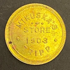 Mikuska's Store Tripp, SD Brass G/F 10¢ Trade Token 22mm VGC