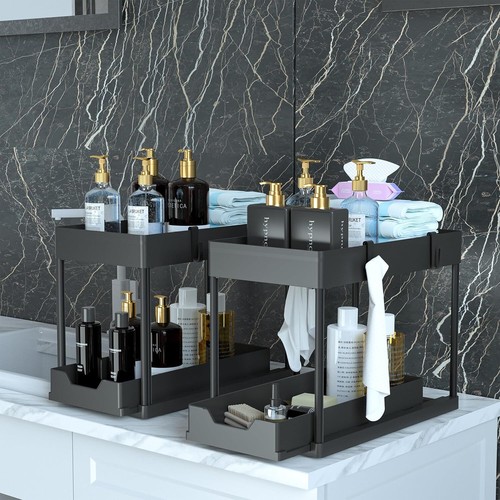 Under Sink Organizer 2 Pack, 2-Tier Sliding Basket for Bathroom Cabinet (Black) - Picture 3 of 9