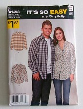 Simplicity Patterns - Misses, Men's Shirt Size XS-XL Uncut Factory Folded A1493