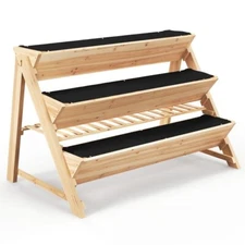 3-Tier Wooden Garden Bed Plant Stand Flower Storage Shelf Rack W/2-Hanging Hooks