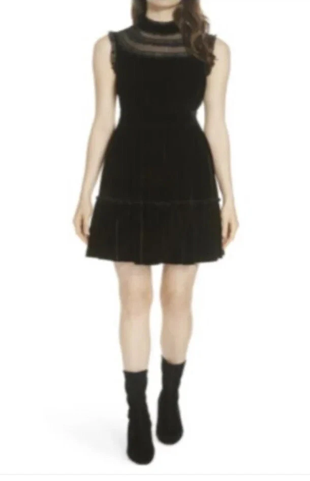 Abito Kate Spade LBD cocktail floreale senza maniche nero velluto pizzo orlo taglia 2