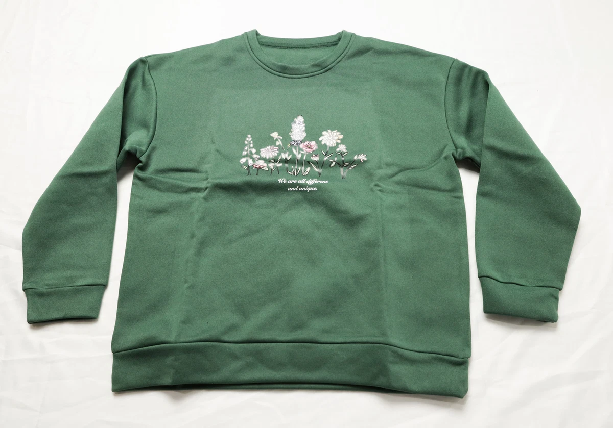 Shein Womenu0026#039;s Floral u0026amp; Slogan Graphic Thermal Lined Sweatshirt NC3  Green Large | eBay