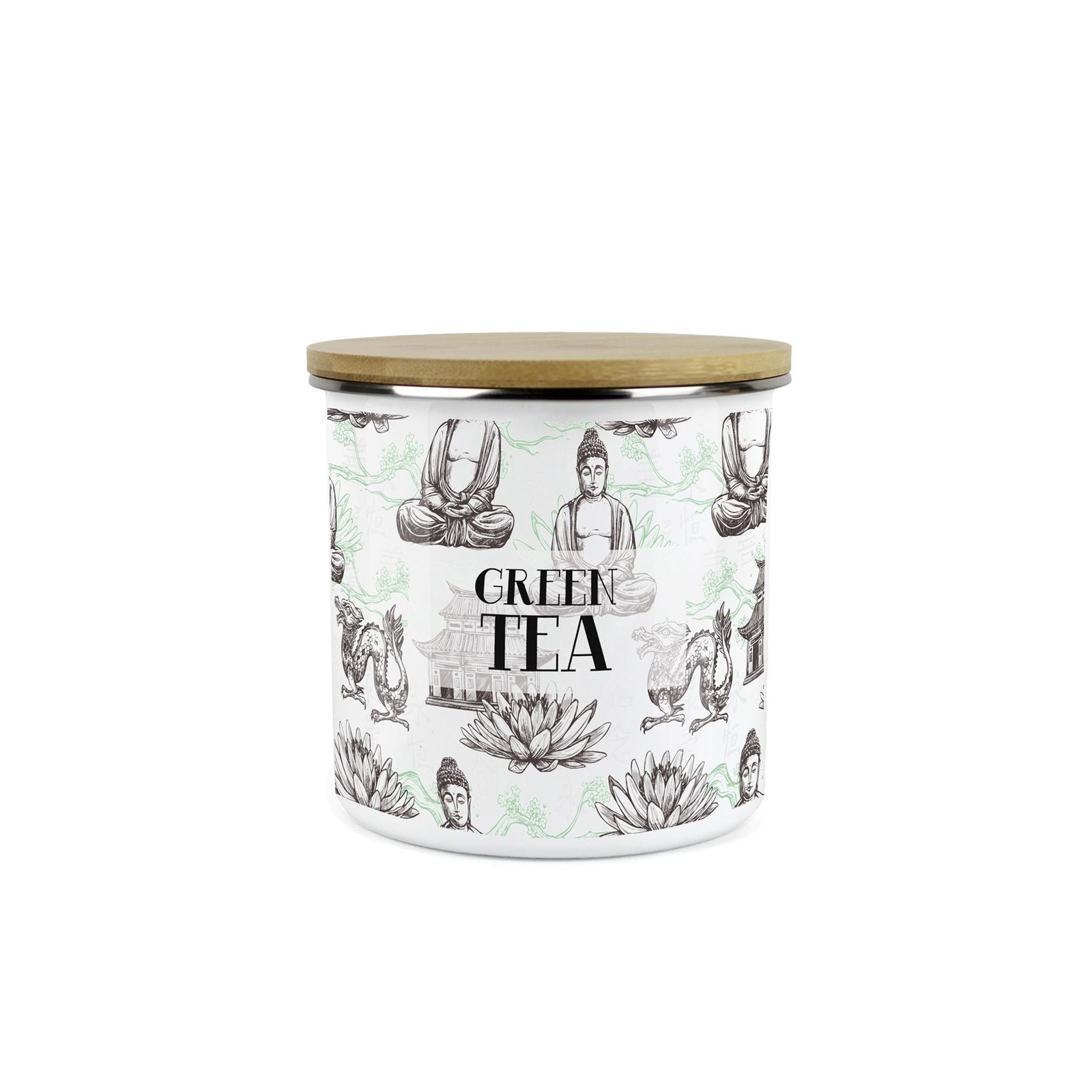 Green Tea Storage Canister - Asian Scenes Green Enamel Kitchen Container Gift