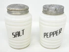 Hazel Atlas Milk Glass Beehive Salt & Pepper Range Shakers W/ Black Script Vtg