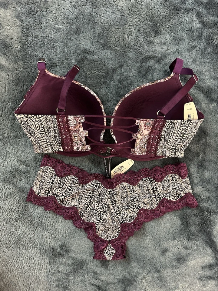 Victoria’s Secret Very Sexy Push Up Bra Set Plum Paisley 32DD & S NWT - Image 2 of 4