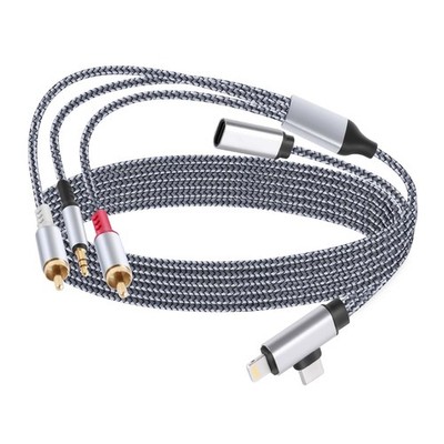 Lightning/Type C to 2 RCA/Aux Cable 1.2M, IPTP-RCA+AUX+CD-1.2M, silver gray 