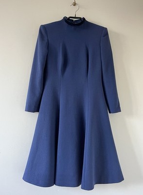 Catherine Walker London Fitted Dress UK 6/XS Navy Blue Wool Crepe Silk Lining