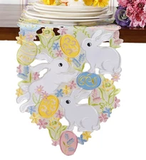 Easter Table Runner Spring Bunnys Flowery Table Runner Cutwork Embroidered Fl...