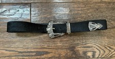 Women's Black Rhinestone Leather Belt S/M Western calf hair Black Bling 90s vtg