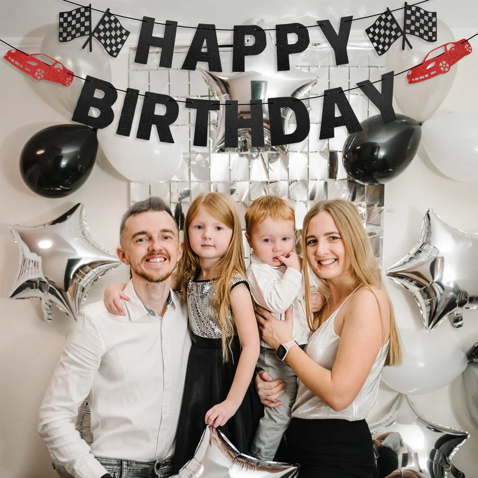 Banner de cumpleaños de coche de carreras - Bandera a cuadros, feliz cumpleaños, blanco y negro -... Foto 2 de 4