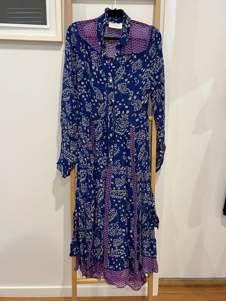 Cecilie Copenhagen Blue Magenta Long Sleeve Button Dress w/ Tie Size M (10-12)