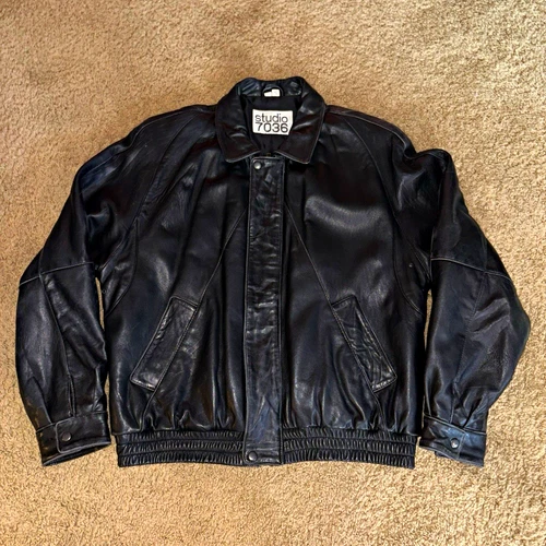 Studio 7036 Men's Black Leather Bomber Jacket Size L Zip Pockets Midweight - product listing photo