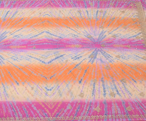 Sushila Vintage Multi-Color Saree Blend Georgette Silk Hand Beaded Sari Fabric - Picture 4 of 10
