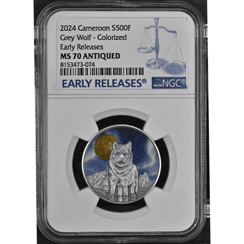 2024 Cameroon Northern Lights Wildlife Gray Wolf 1/2 oz Silver Coin NGC MS 70