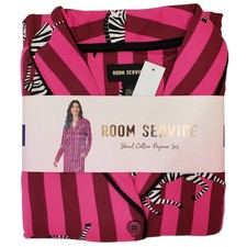 Room Service Pajama Set Women Small Pink Pink Zebra Stripe Shawl Collar NWT